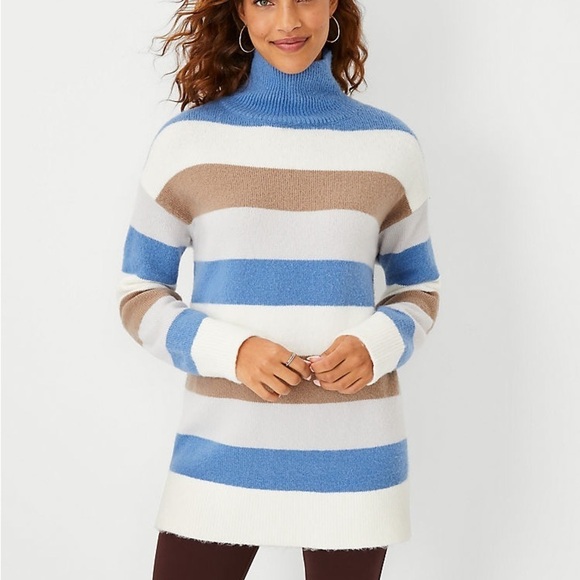 ANN TAYLOR Striped Turtleneck Tunic Sweater - Picture 1 of 8